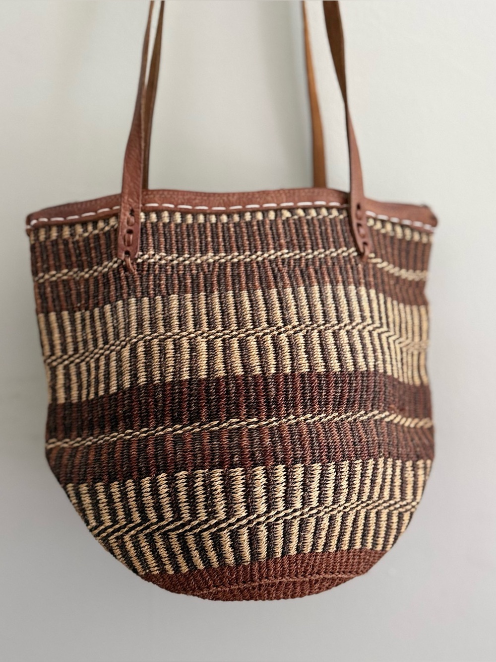 Vintage Sisal Woven Market Large Bag with Brown Leather Straps - Picture 2 of 7